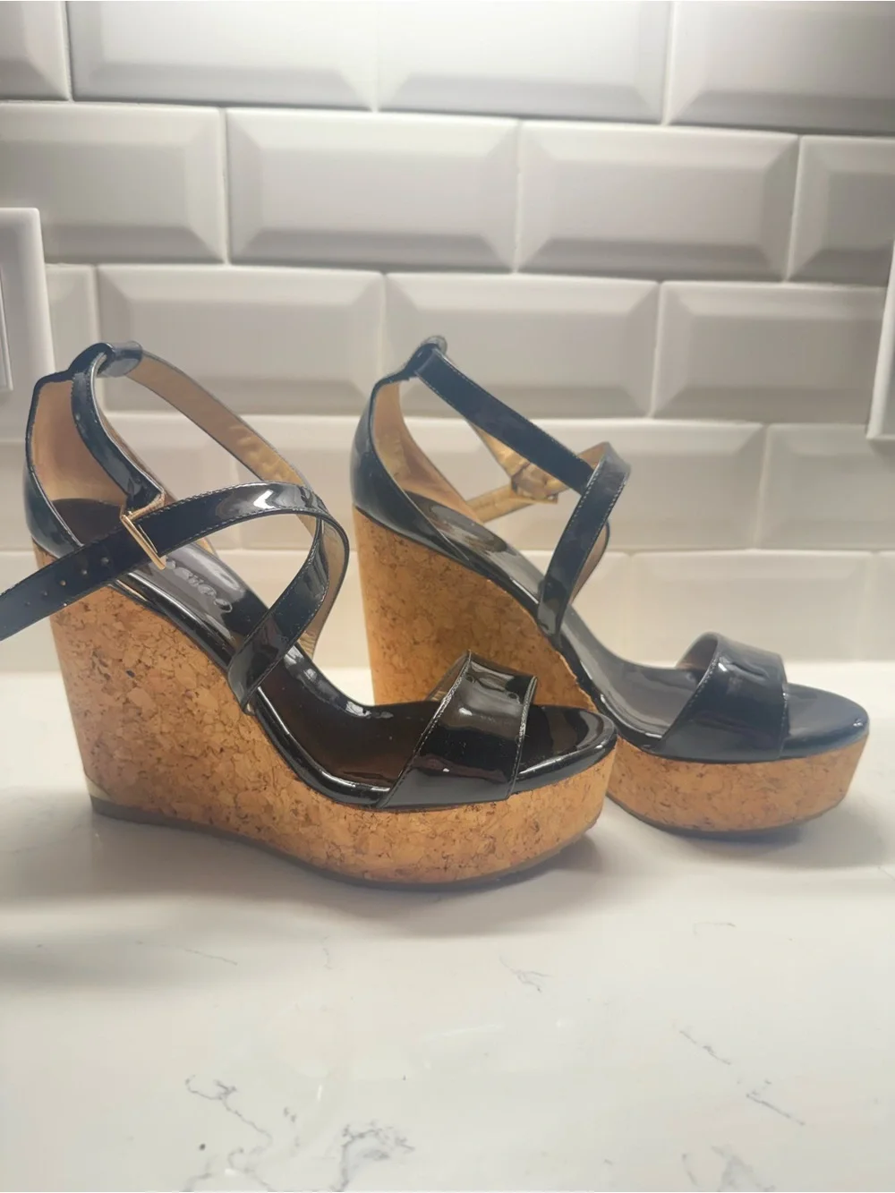 Jimmy Choo Black Patent Cork Wedge Sandals - Women